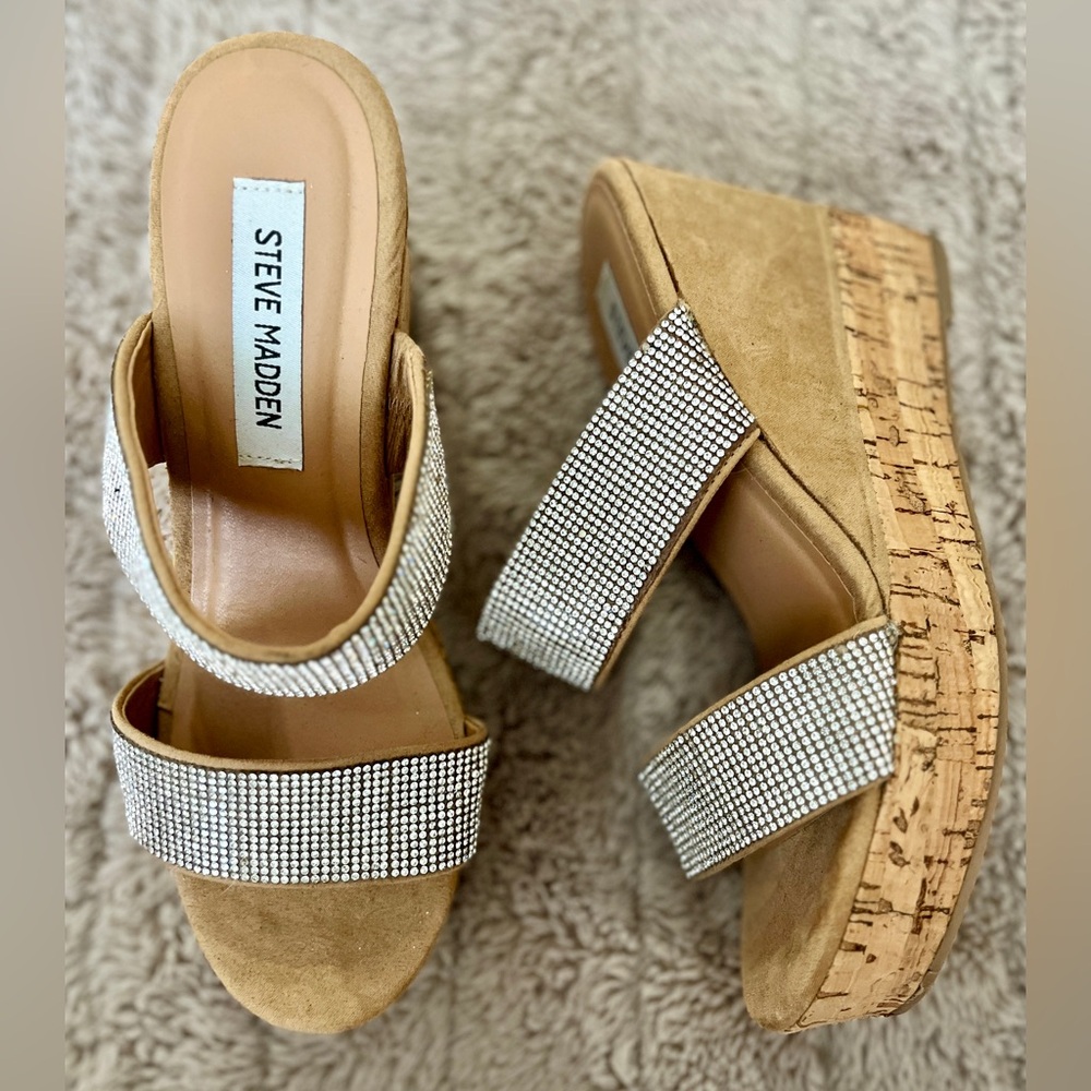 Steve Madden Sandal Slide Sandro Crystal Pave Embellished 2 Strap Cork Wedge 7.5